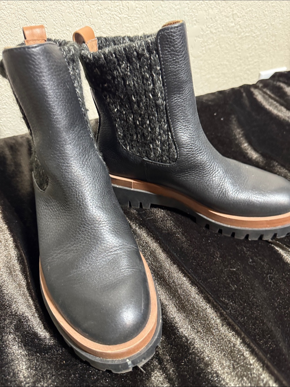 Women's Black Leather Chelsea Slip On Boots with Textured Knit Panels 5